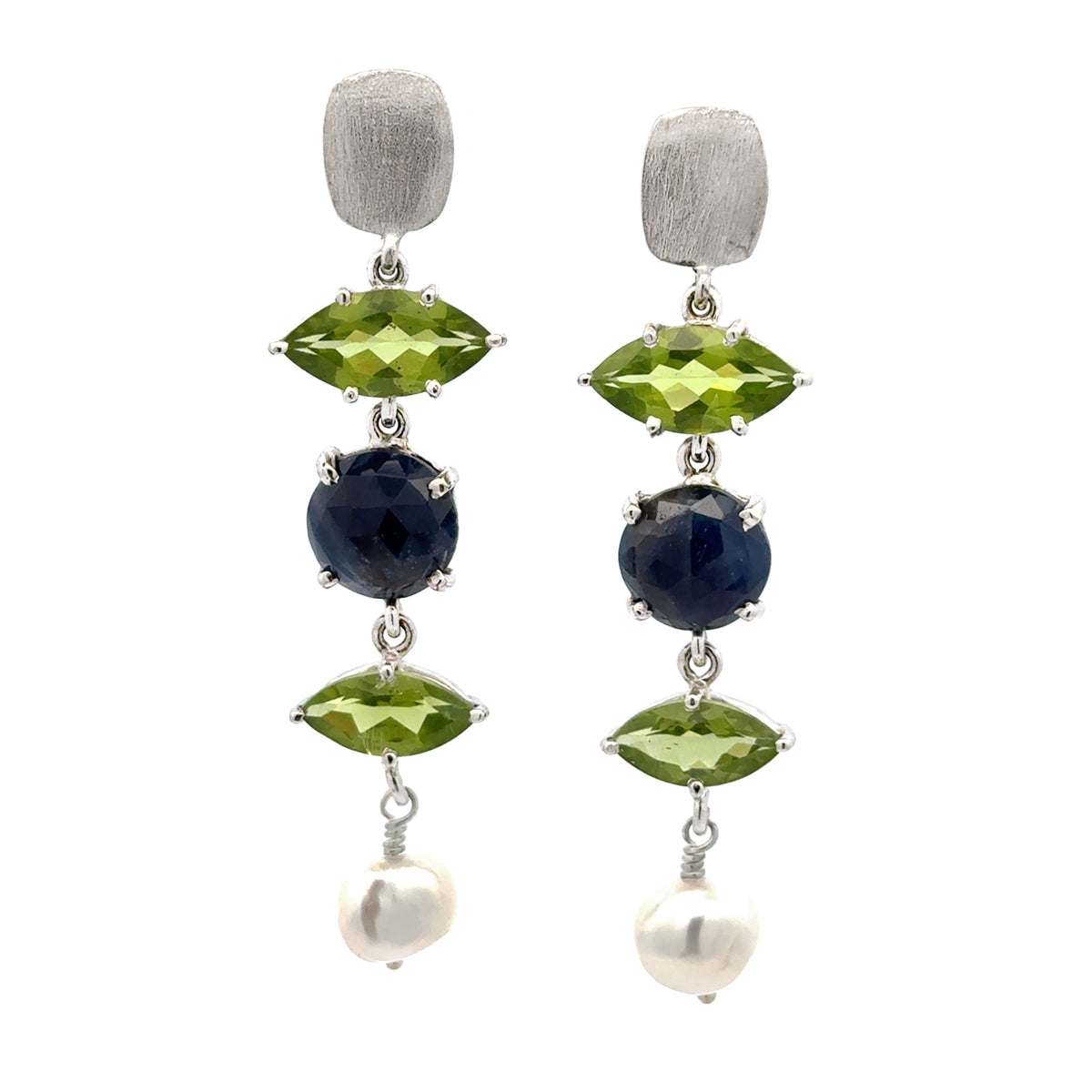 Rose Cut Blue Sapphire Slices with Peridot Drop Earrings