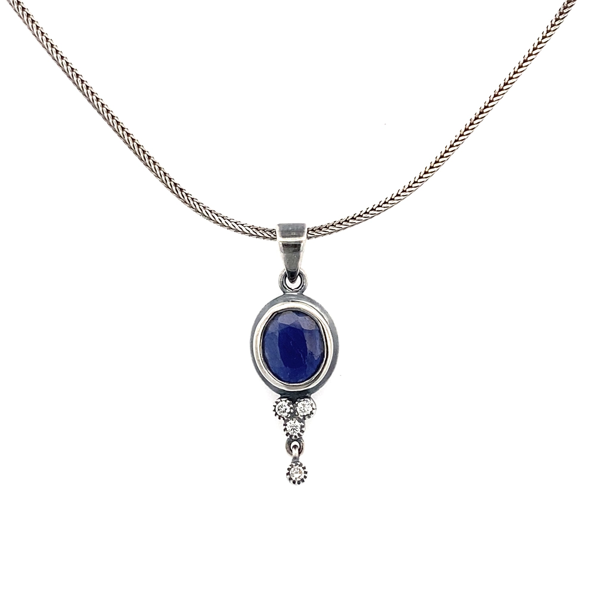 Silver Sapphire and Diamond Pendant On Woven Chain