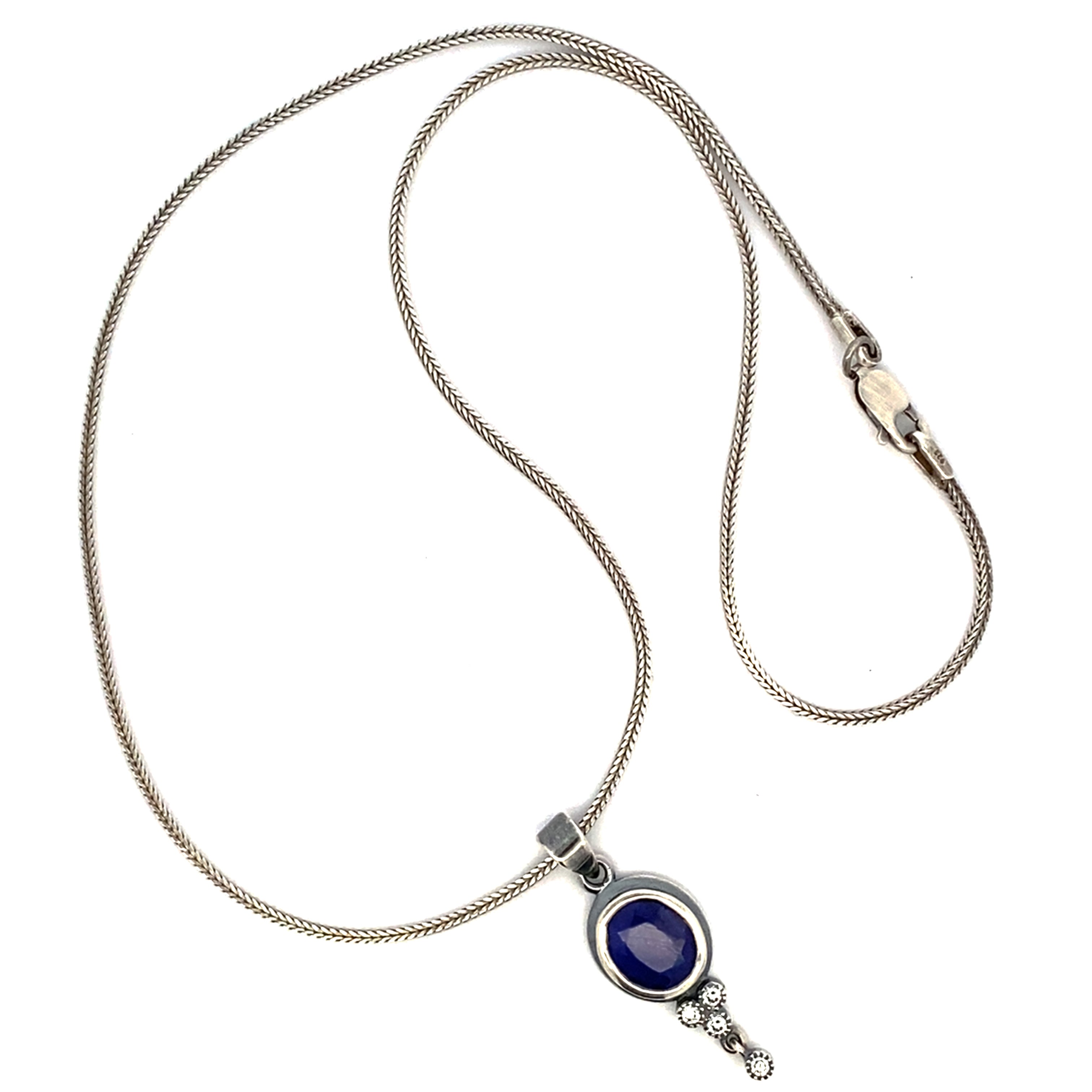 Silver Sapphire and Diamond Pendant On Woven Chain