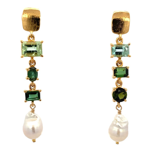Asymmetrical Tourmaline and Pearl Gold Earrings - Q Evon Fine Jewelry