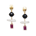 A pair of 18K vermeil earrings with spinel ruby and stick pearl accents, featuring a textured gold post top.