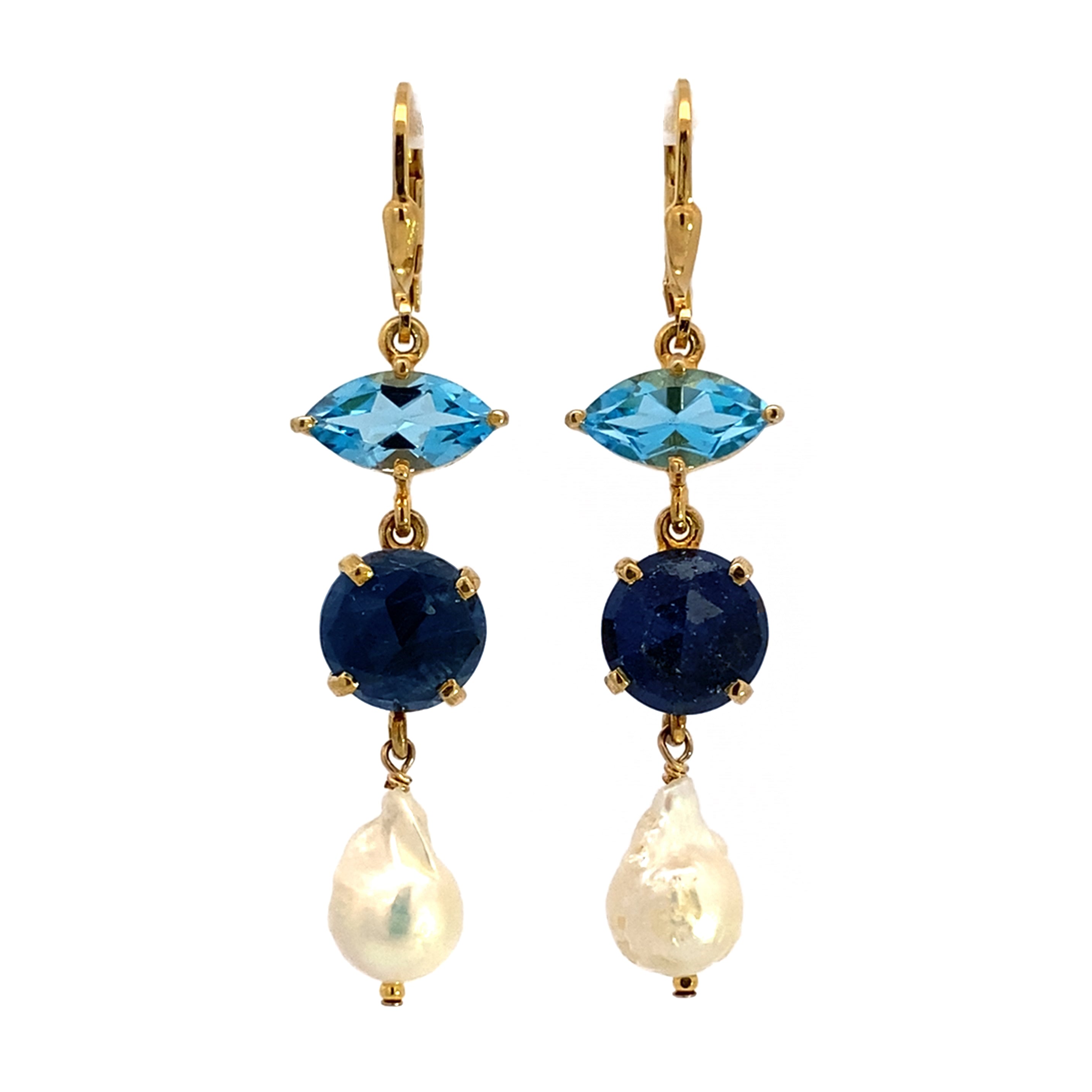 Blue Topaz, Round Blue Sapphire and Pearl Drop Earring- 18k Vermeil