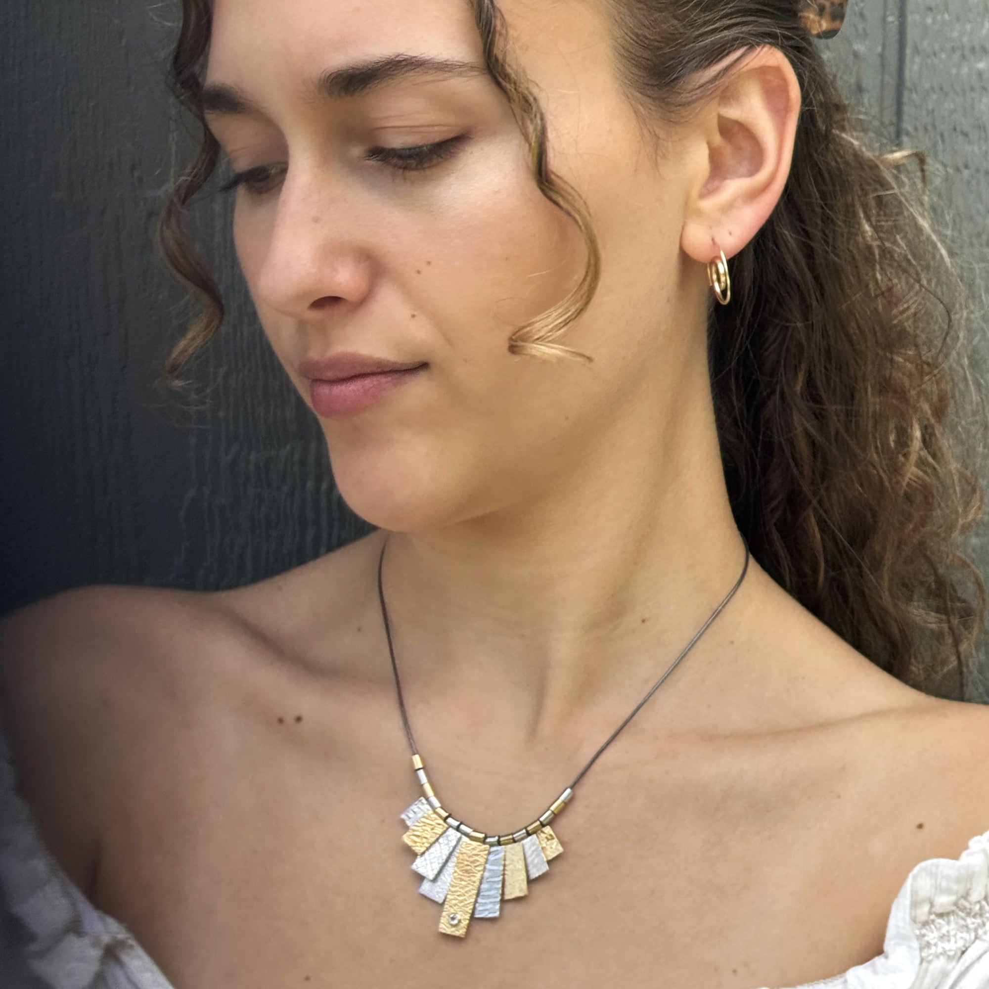 9 Tab Mixed Metal Necklace with Diamond