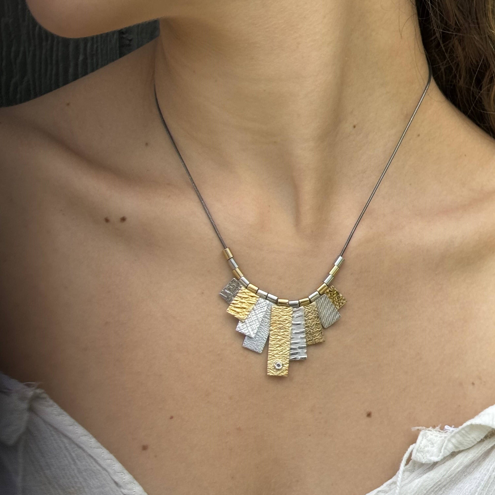 9 Tab Mixed Metal Necklace with Diamond