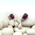 Ruby, Champagne Diamond and Pearl Asymmetrical Silver Earrings