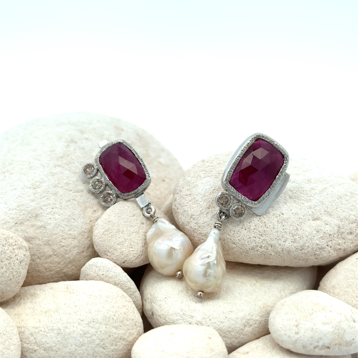 Ruby, Champagne Diamond and Pearl Asymmetrical Silver Earrings
