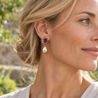 Ruby, Champagne Diamond and Pearl Asymmetrical Silver Earrings