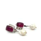 Ruby, Champagne Diamond and Pearl Asymmetrical Silver Earrings
