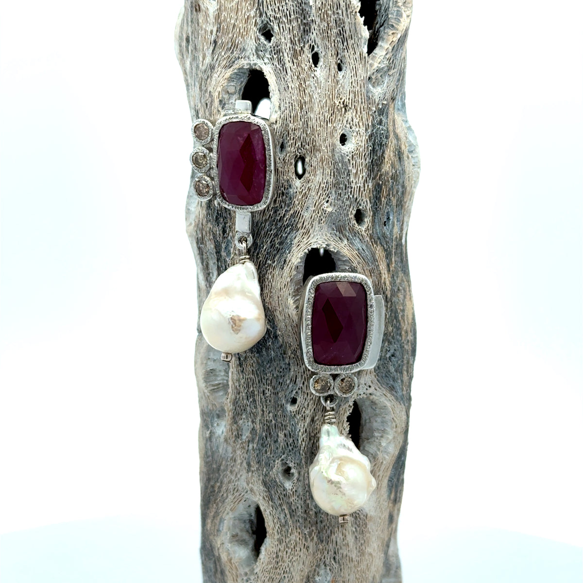 Ruby, Champagne Diamond and Pearl Asymmetrical Silver Earrings