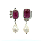 Ruby, Champagne Diamond and Pearl Asymmetrical Silver Earrings