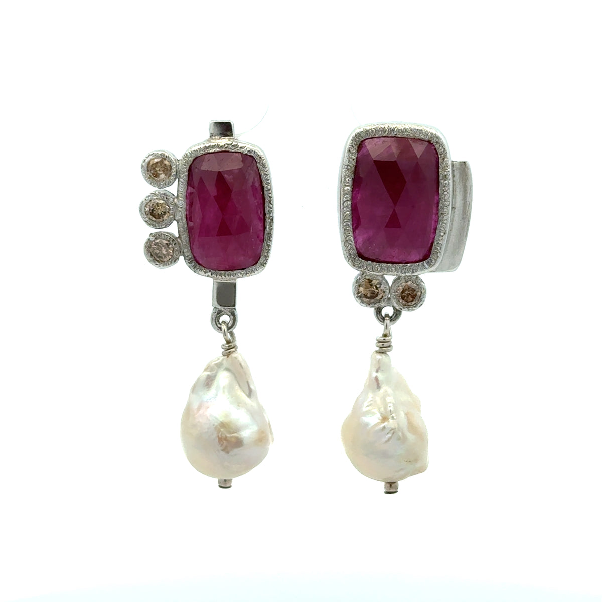 Ruby, Champagne Diamond and Pearl Asymmetrical Silver Earrings