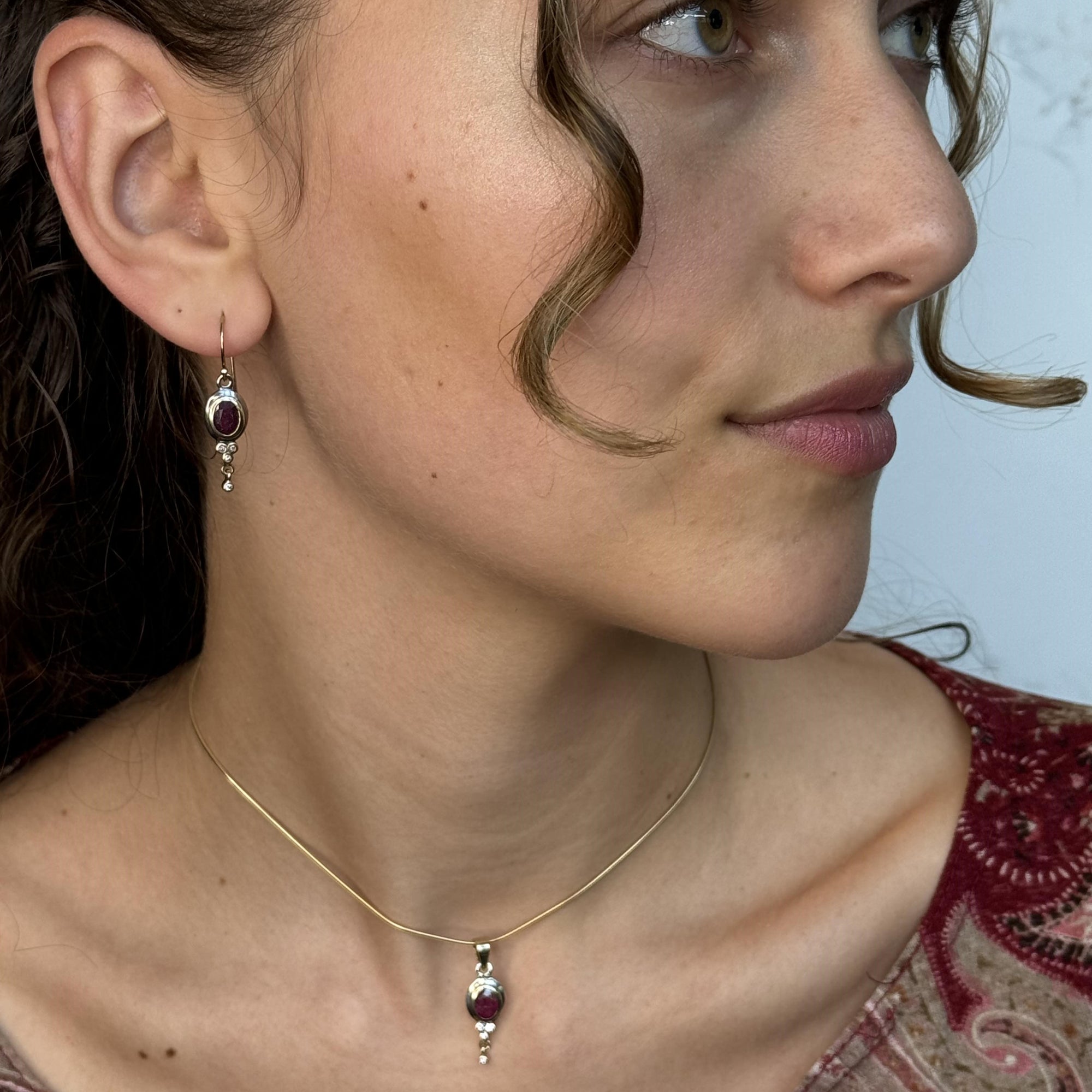 Silver Ruby & 14k Earrings with White Diamonds