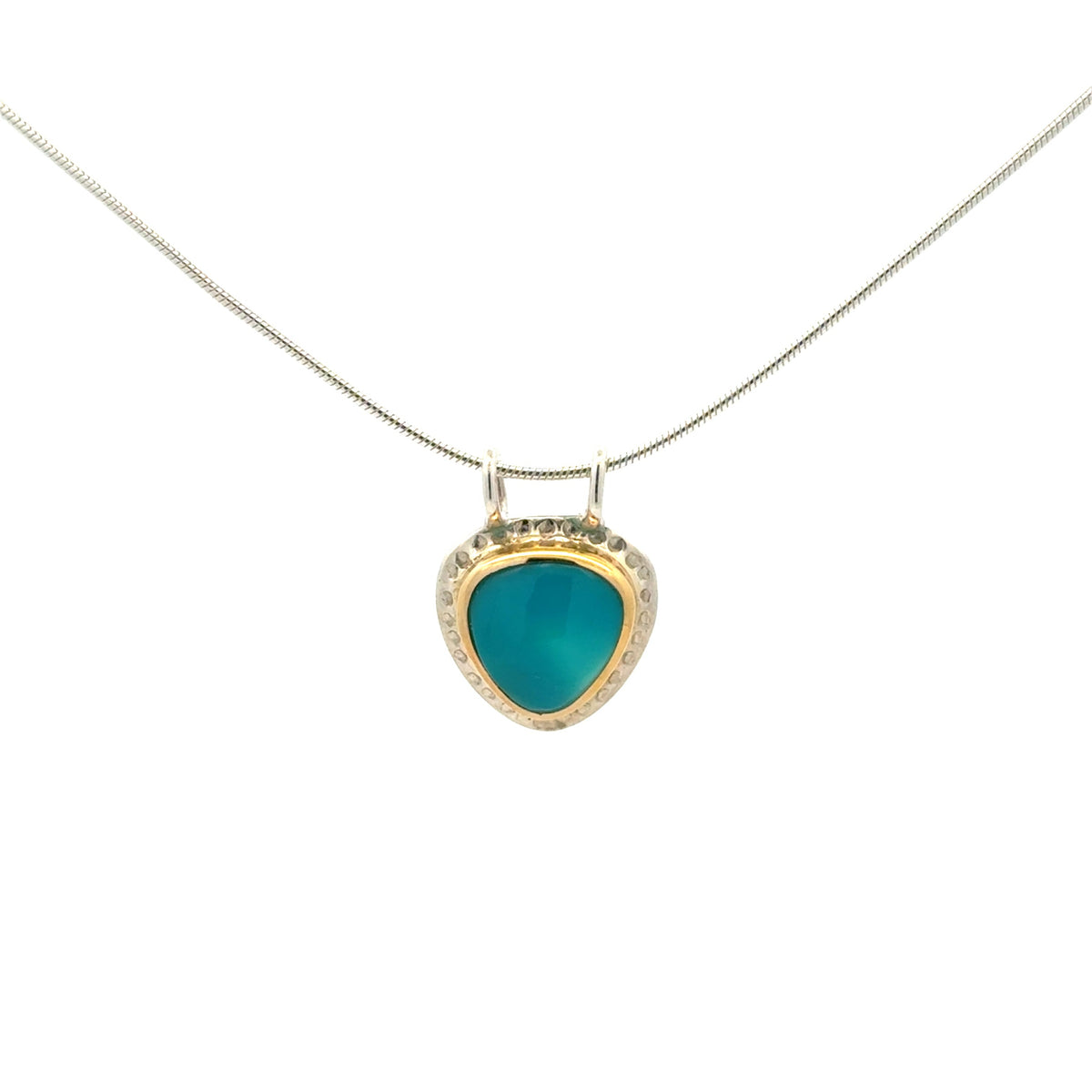 A silver and gold necklace with a gem silica chrysocolla pendant shown against a plain white background.