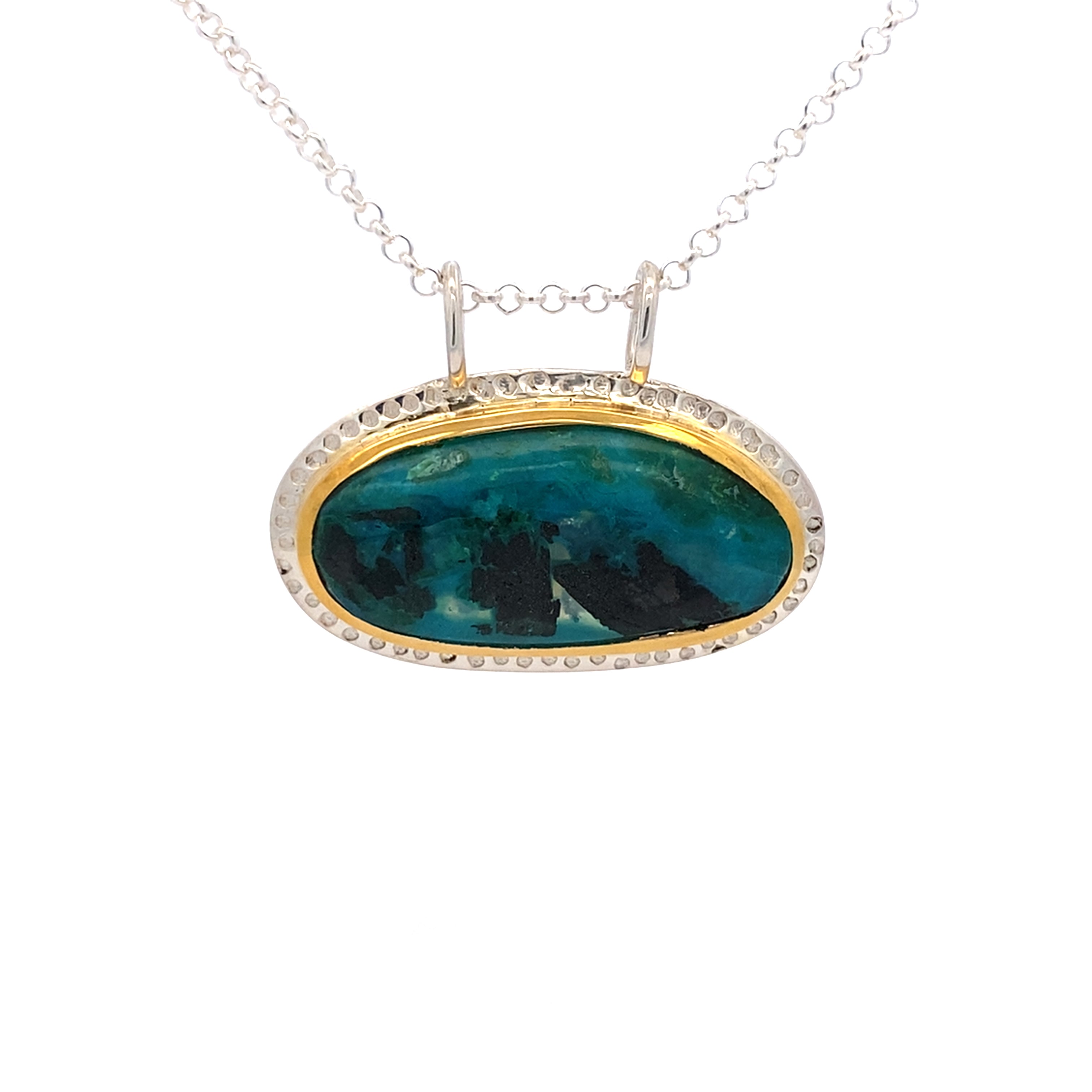 Gem Silica Chrysocolla Silver and 14k Pendant