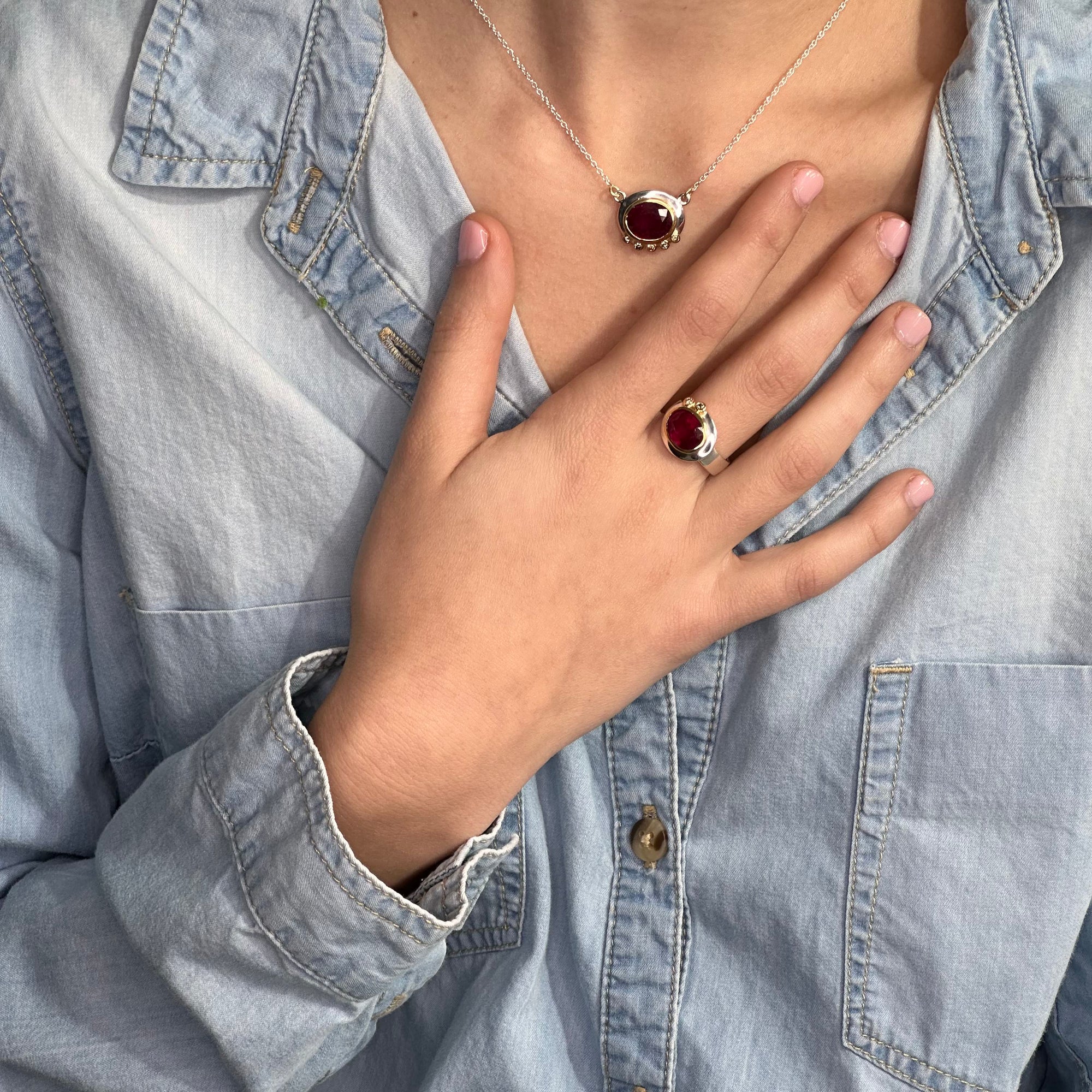 Silver Ruby & 14k Ring with Champagne Diamond