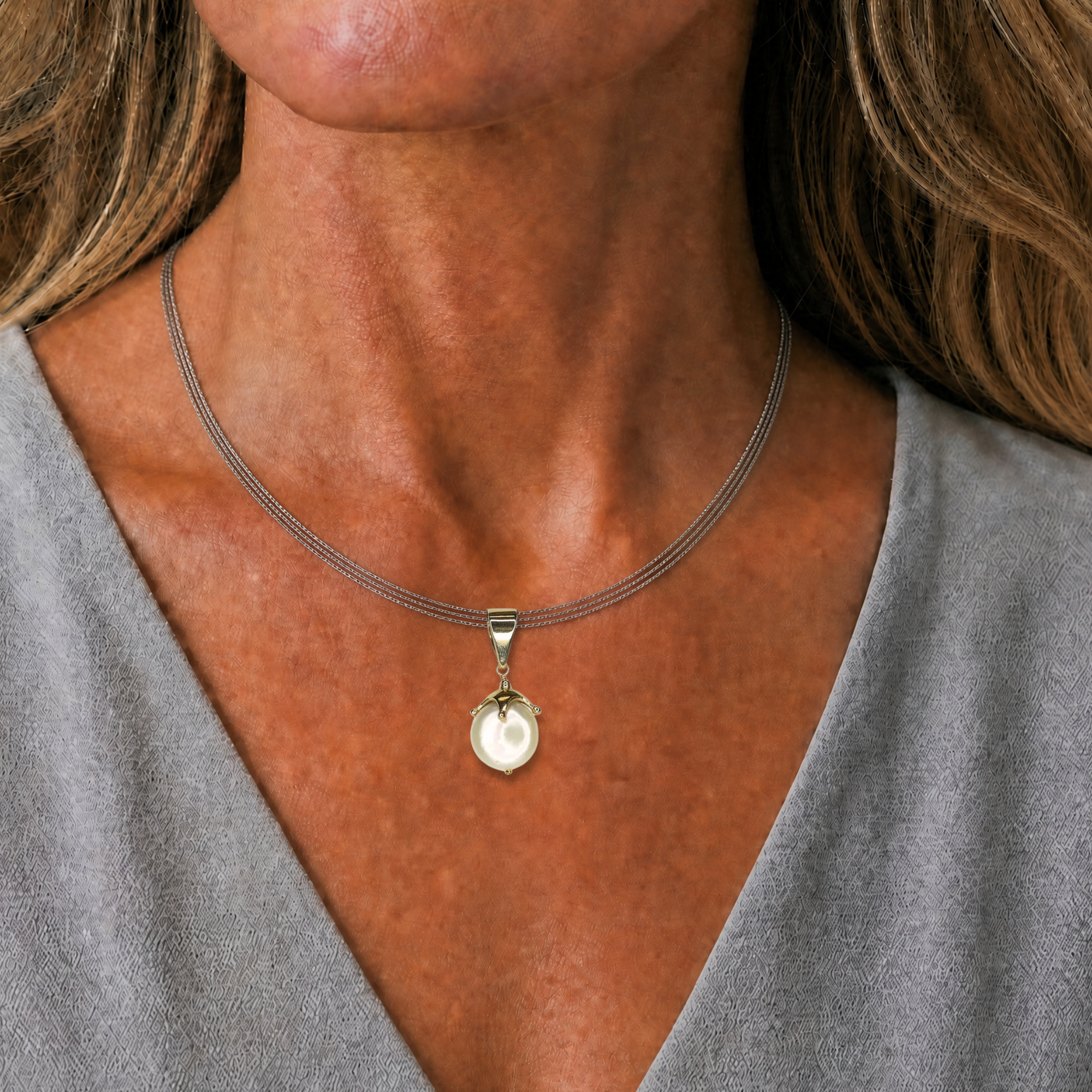 Coin Pearl on Triple Silver Strand