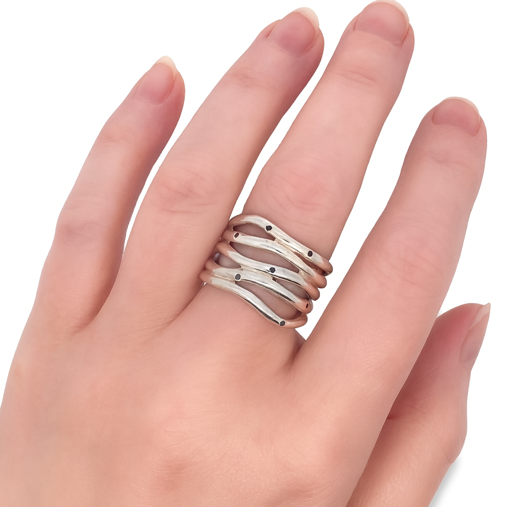 5 Line Silver Ring, Black Diamonds