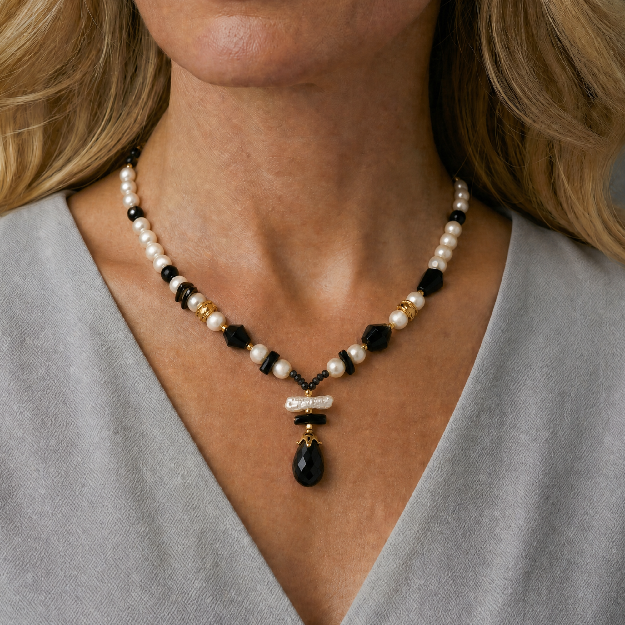 Vintage Black Coral with Spinel, Onyx and Pearls
