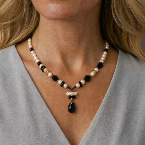 Vintage Black Coral with Spinel, Onyx and Pearls