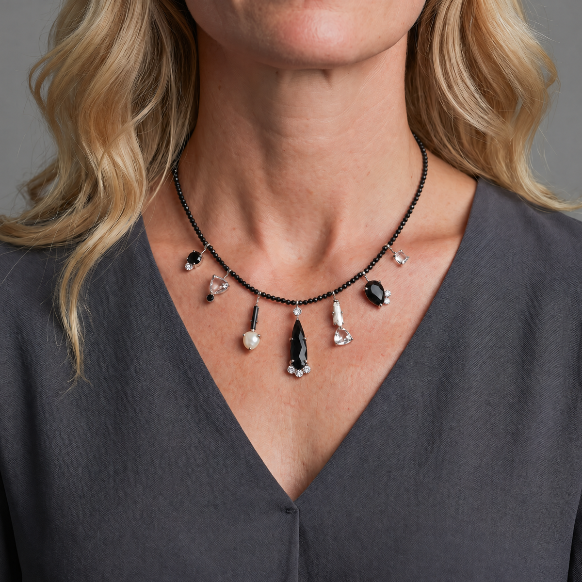 7 Stick Necklace - Spinel and Pearl