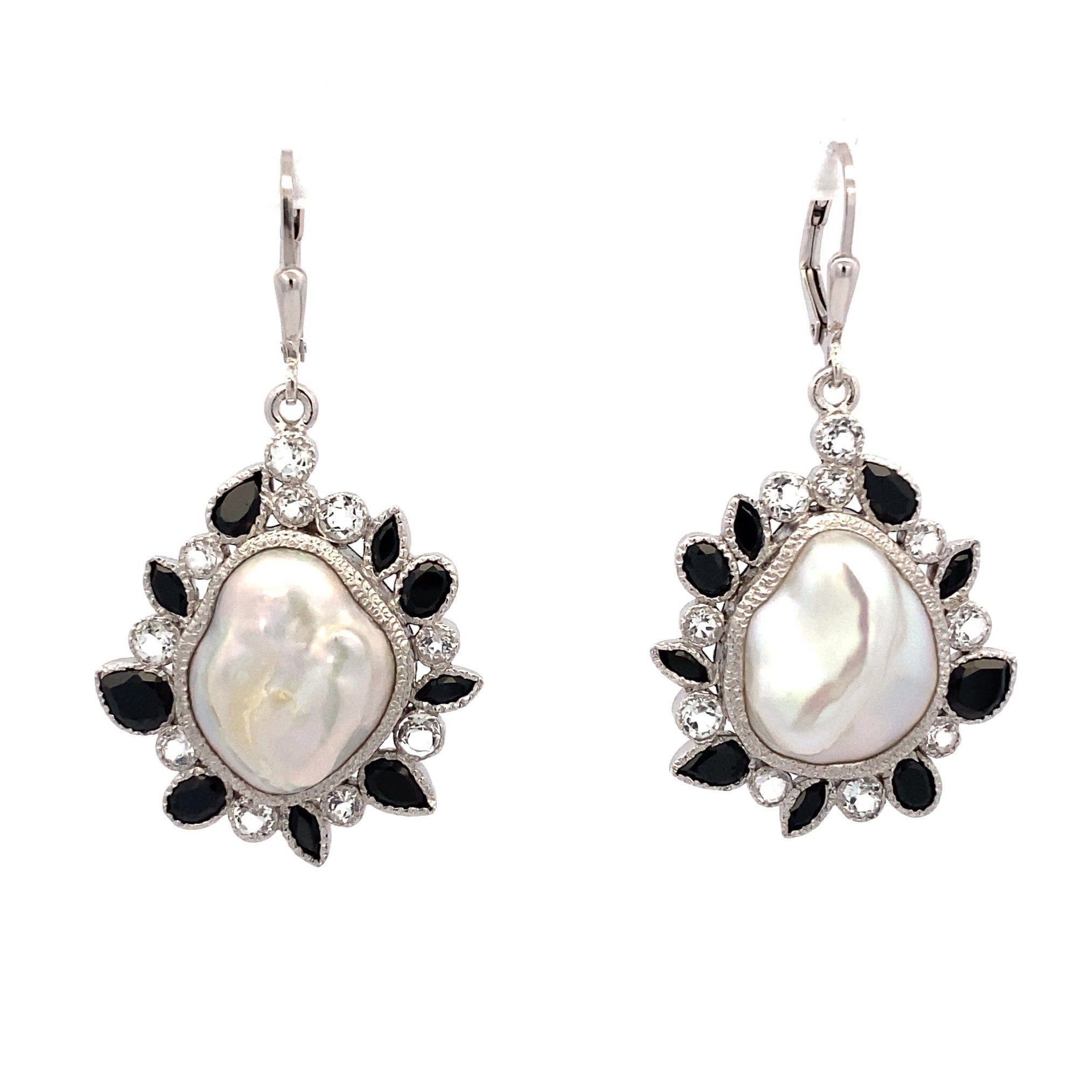 Silver Spinel and Baroque Pearl Earrings - Leverback