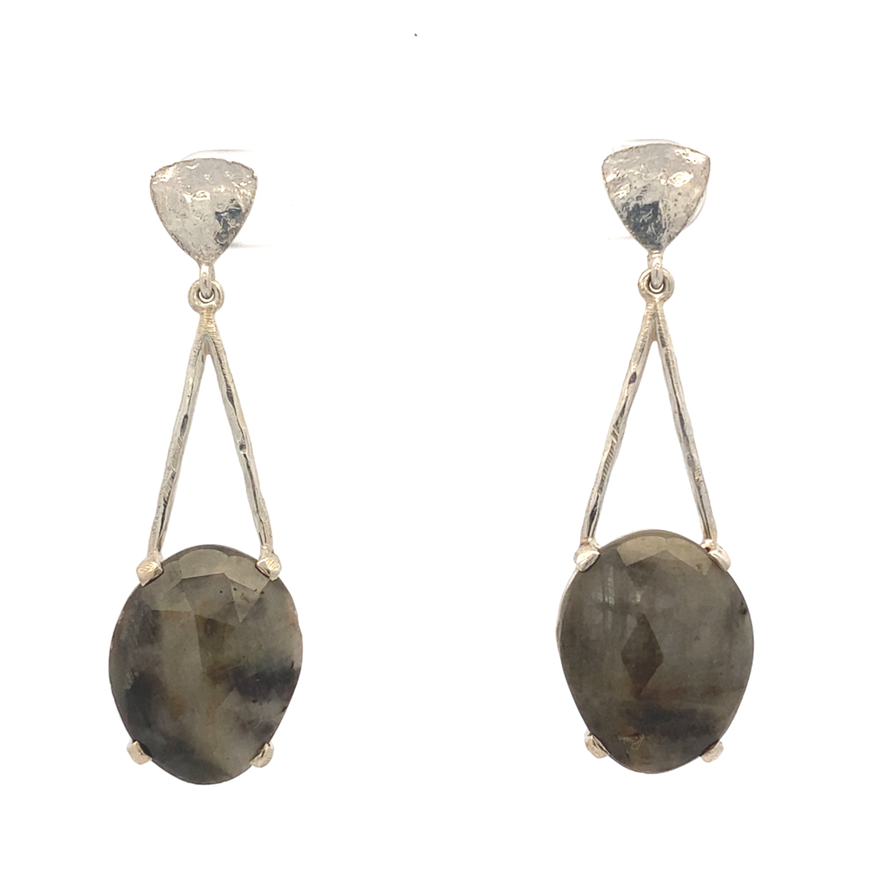 Gray Sapphire Triangle Post Earrings