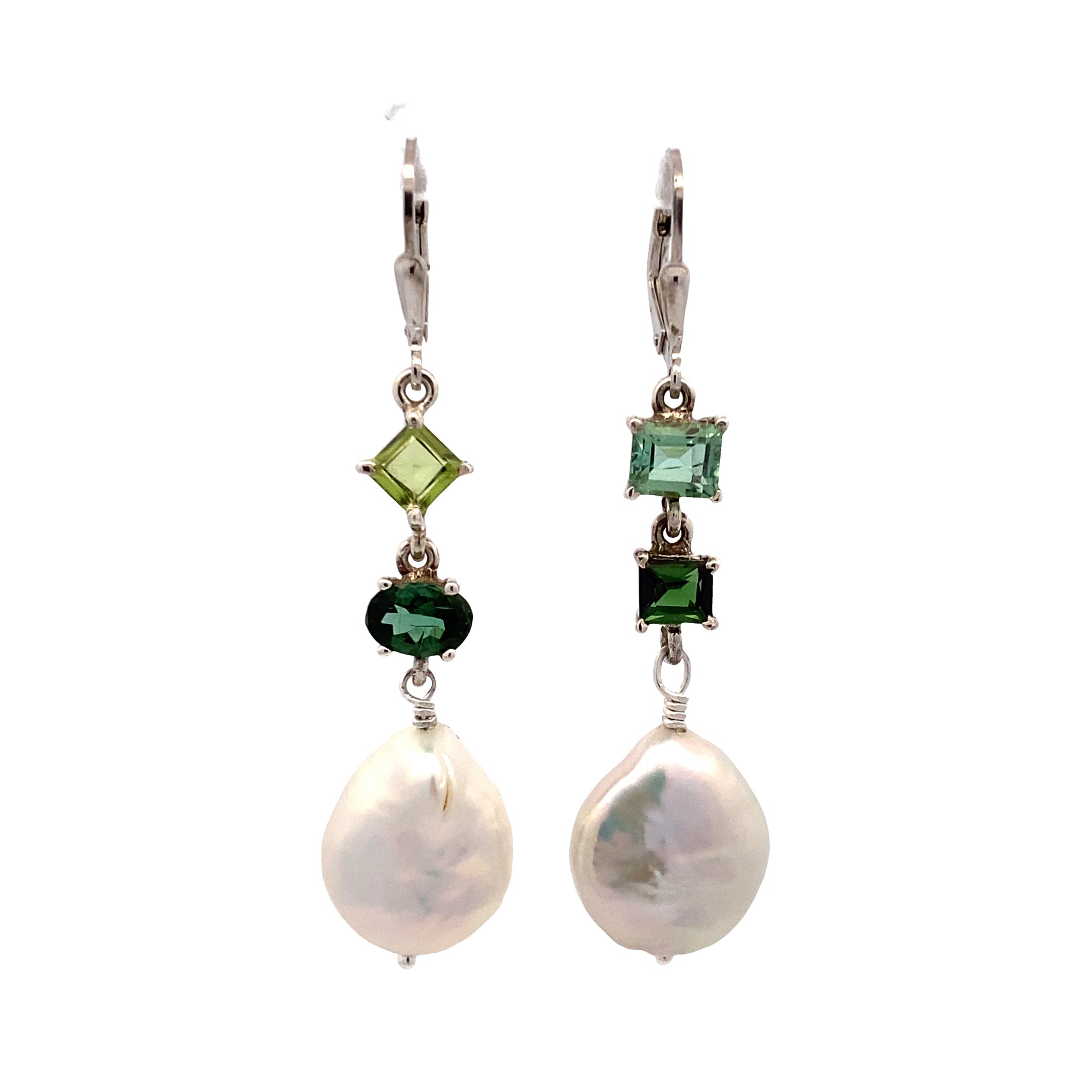 Silver Asymmetrical Tourmaline and Coin Pearl Earrings