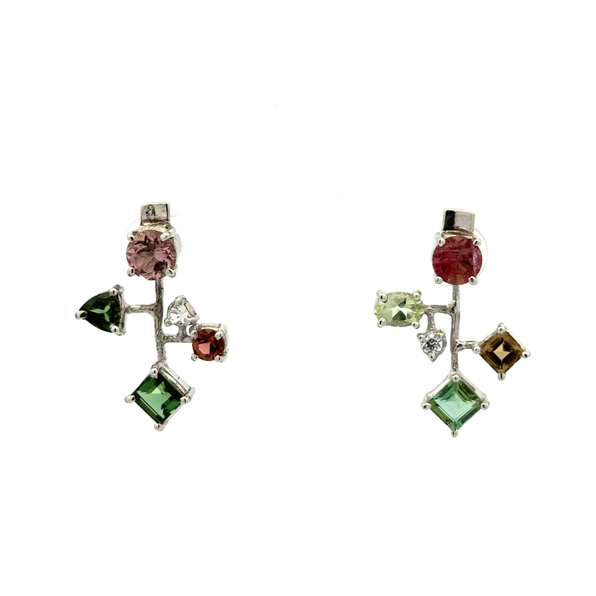 Silver Asymmetrical Mixed Gemstone Earrings - Multiple Options