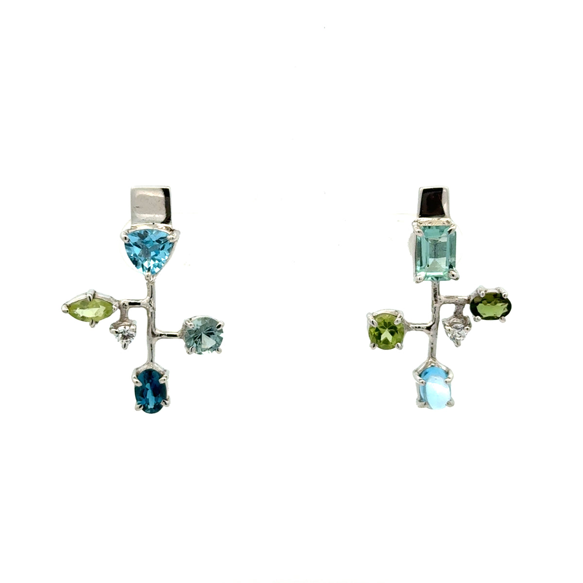 Silver Asymmetrical Mixed Gemstone Earrings - Multiple Options