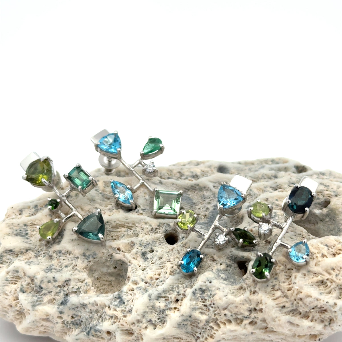 Silver Asymmetrical Mixed Gemstone Earrings - Multiple Options