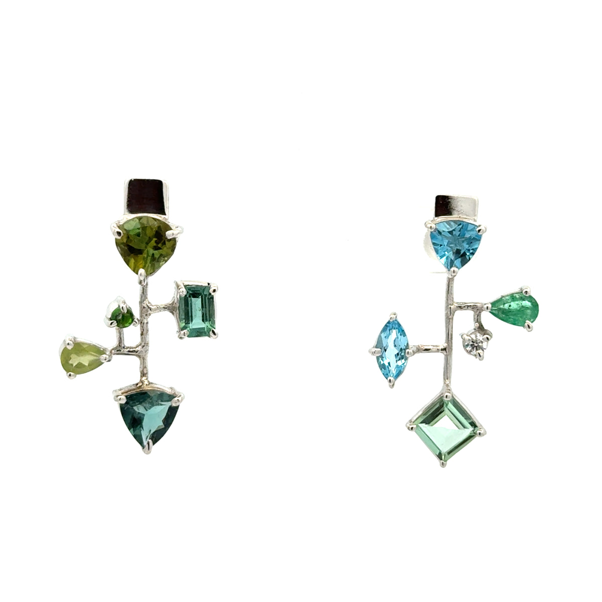 Silver Asymmetrical Mixed Gemstone Earrings - Multiple Options
