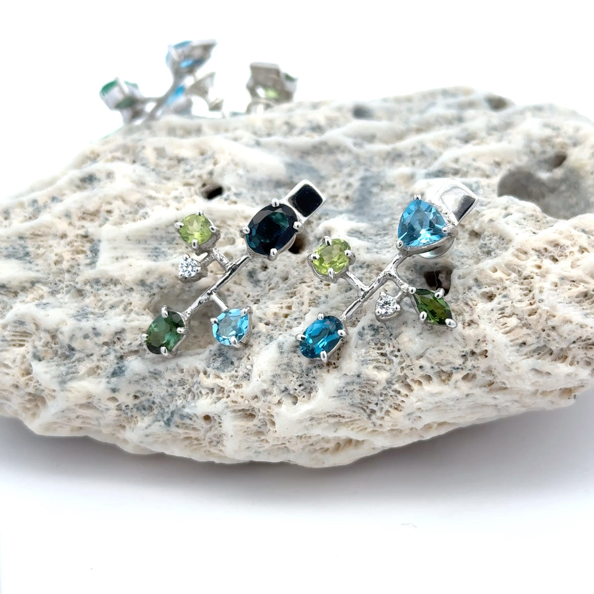 Silver Asymmetrical Mixed Gemstone Earrings - Multiple Options