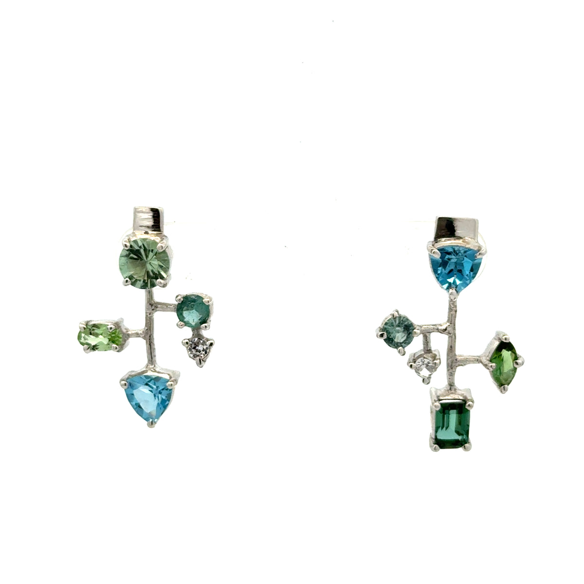 Silver Asymmetrical Mixed Gemstone Earrings - Multiple Options