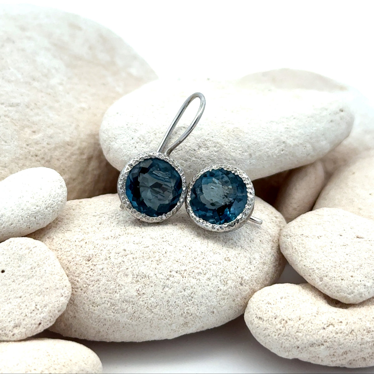 Round London Blue Earrings, White Rhodium