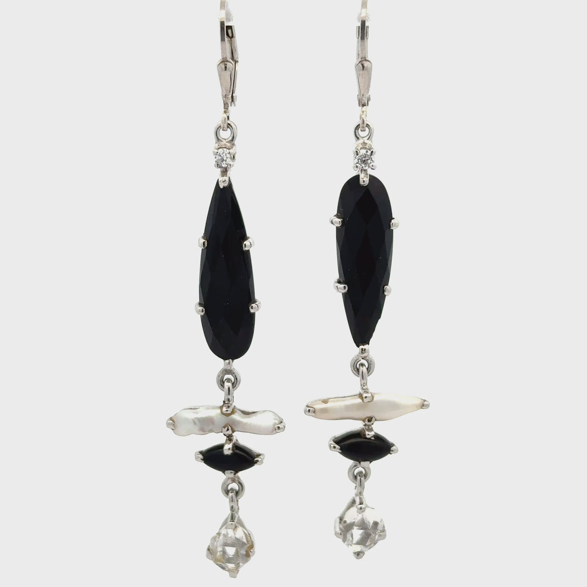 Sterling Silver Dangle Earrings with Spinel, Stick Pearl, Onyx and Herkimer Diamond