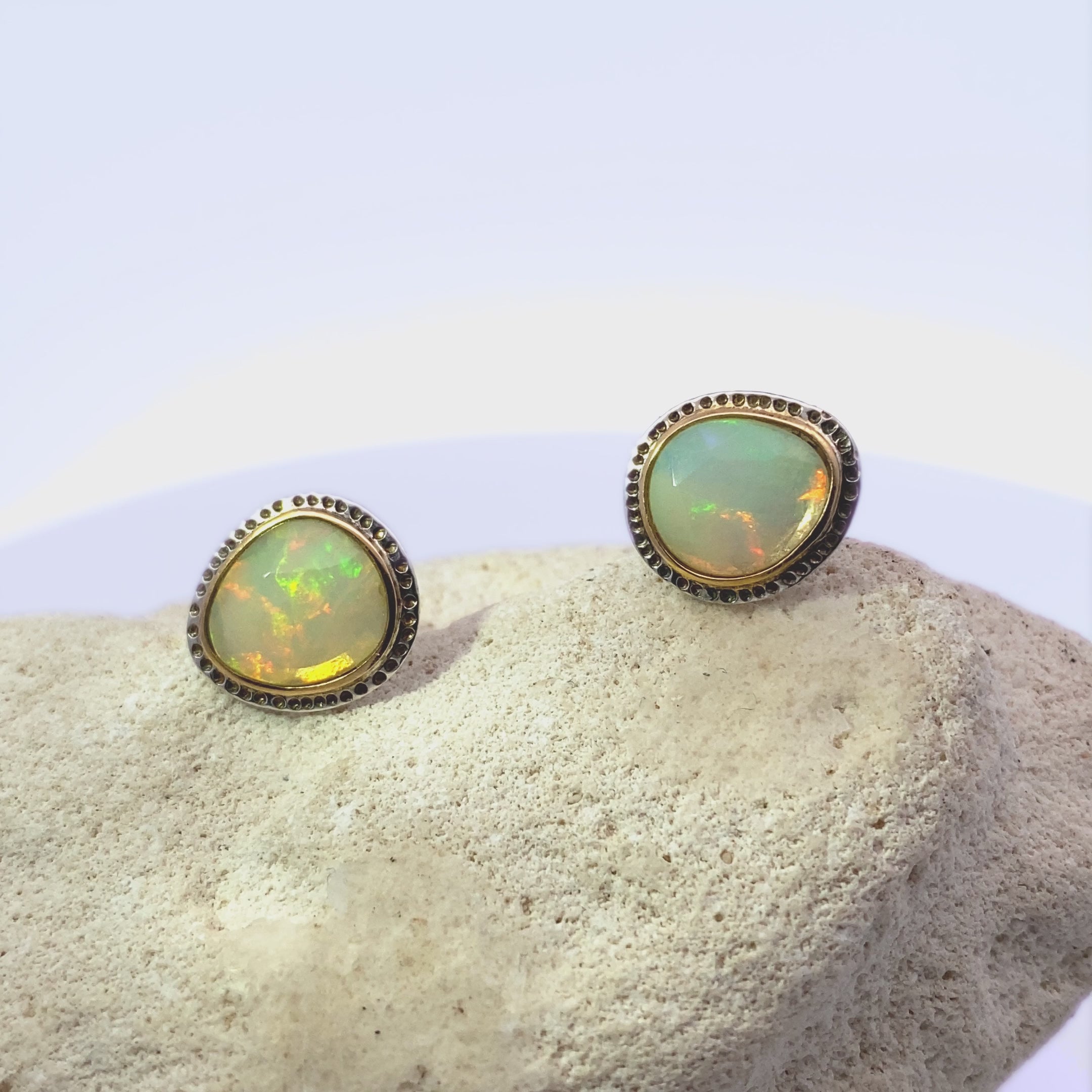 14k Gold Bezel White Opal Sterling Silver Studs