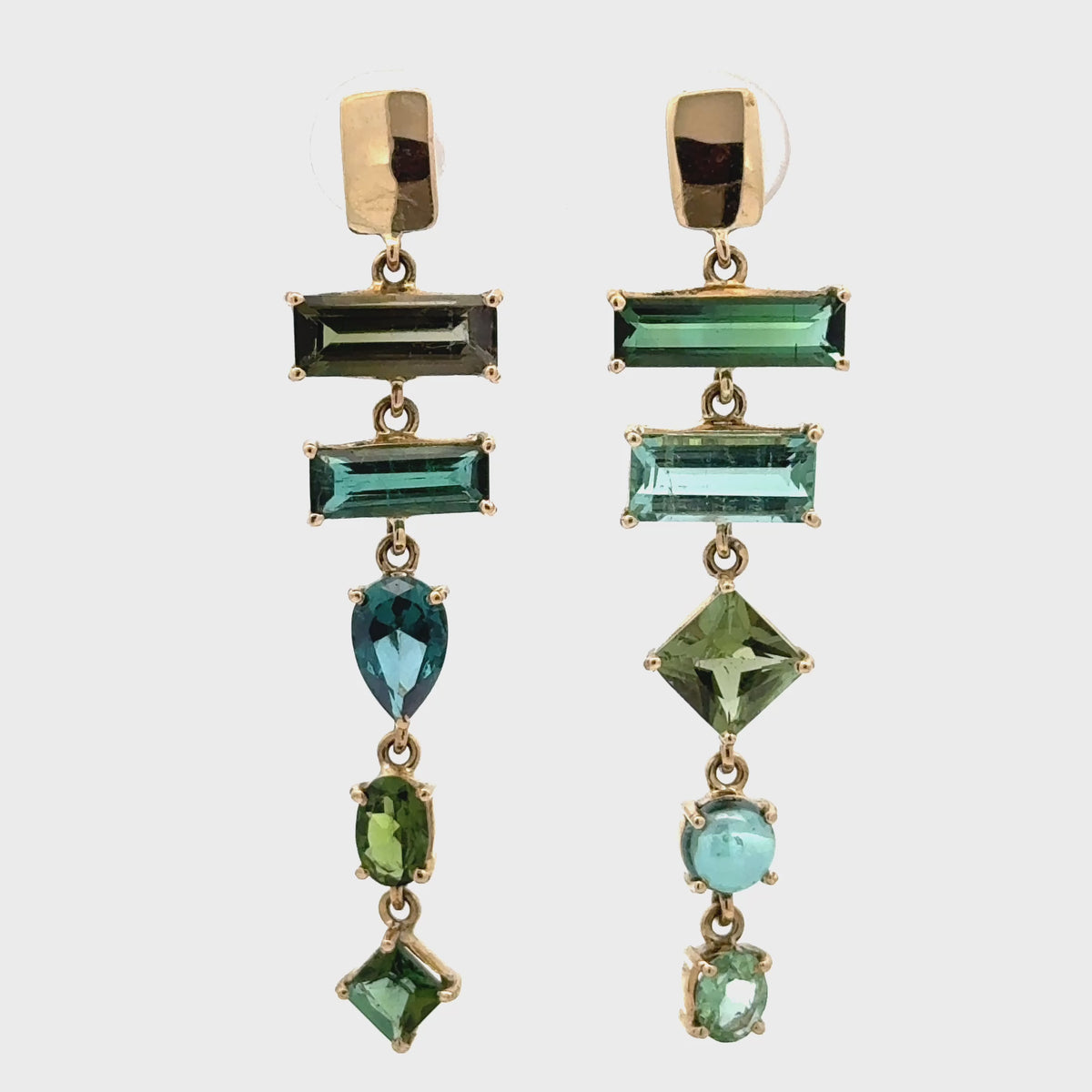 14k Gold Asymmetrical Mixed Tourmaline Earring
