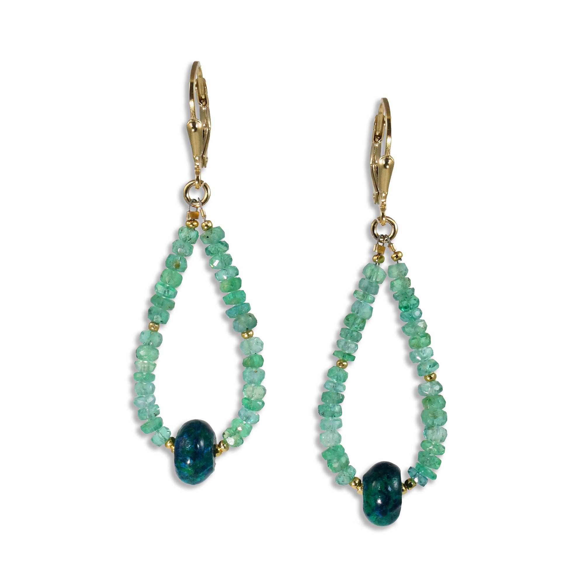 Gold Chrysocolla and Emerald Leverback Earrings