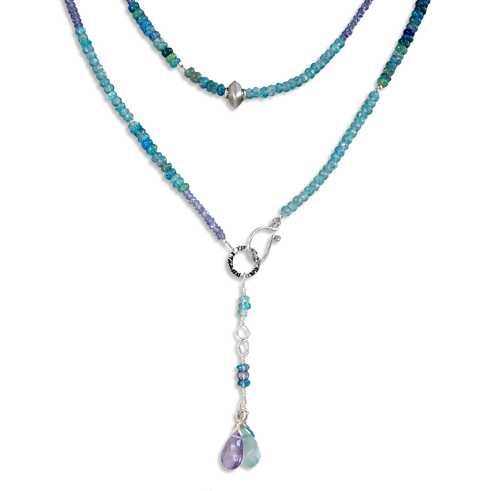 Silver Multi Gemstone Necklace/Wrapped Bracelet with Blue Opal, Tanzanite, Apatite
