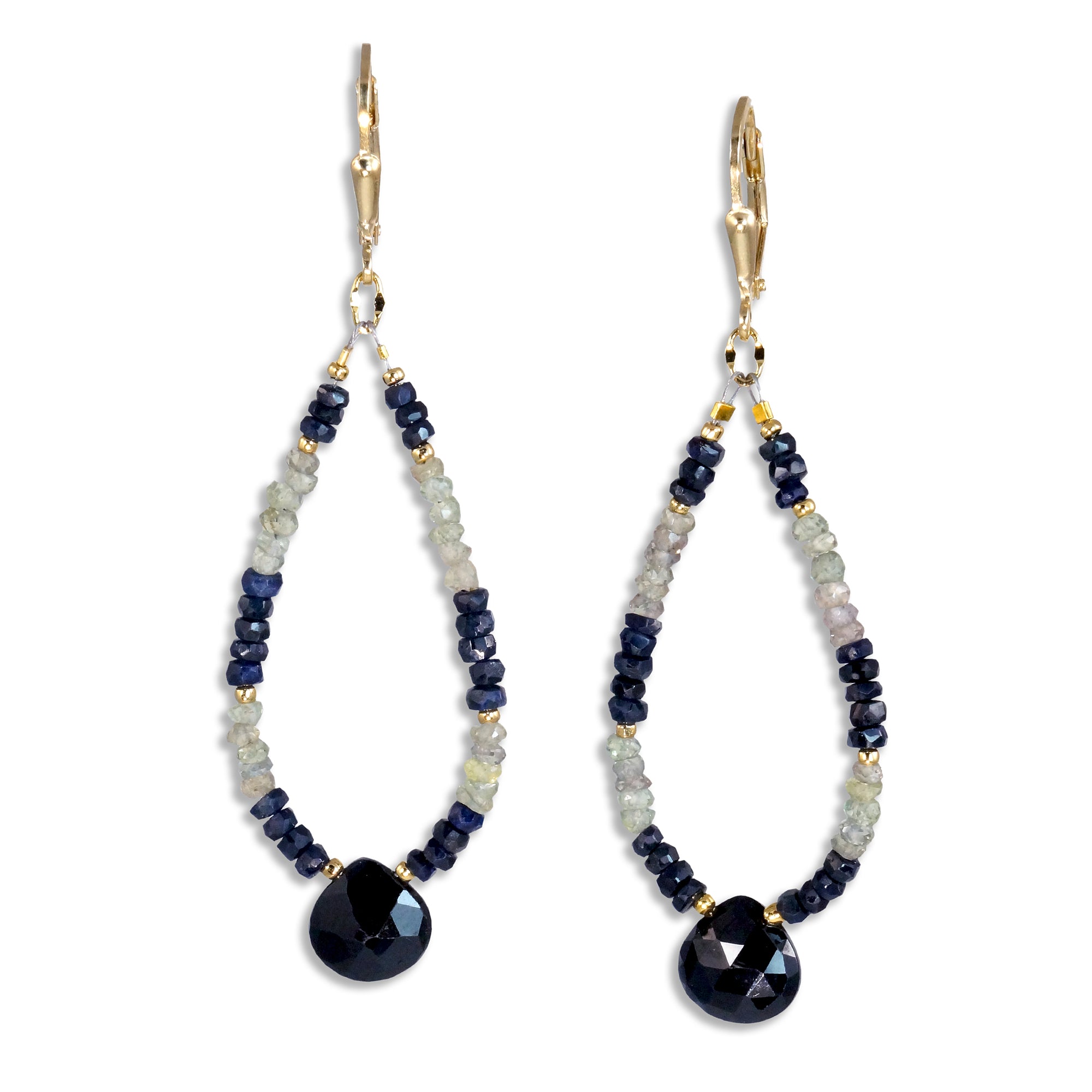 Gold Leverback Earrings with Black Sapphire, Green Sapphire & Black Spinel