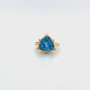 14K Swiss Blue Topaz Trillion Cut and Diamond Ring