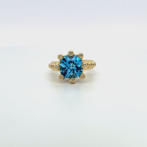 14K Swiss Blue Topaz and Diamond Crown Ring