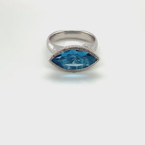 East West Marquise Blue Topaz Ring - White Rhodium