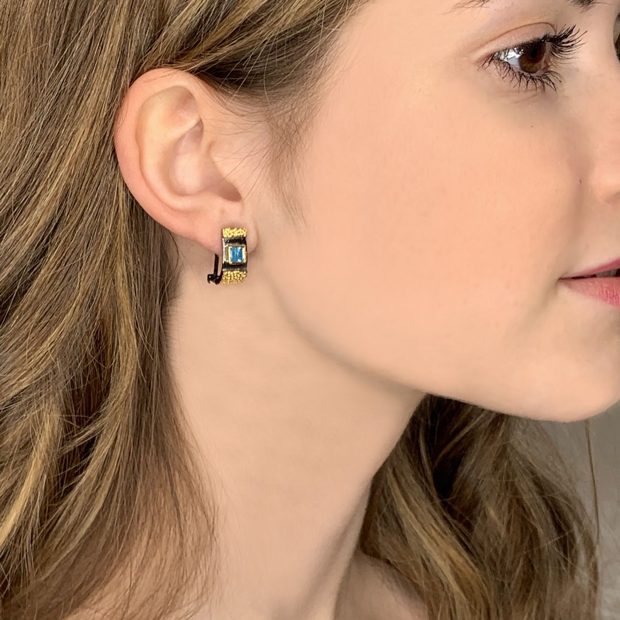 Black and Gold Gemstone Earrings - Blue Topaz