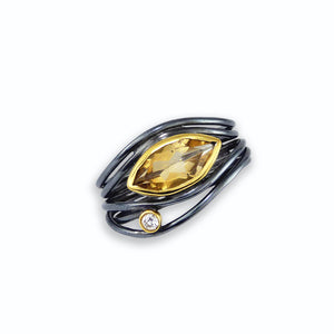East West Black Ruthenium Ring – Citrine & Diamond