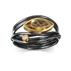 East West Black Ruthenium Ring – Citrine & Diamond