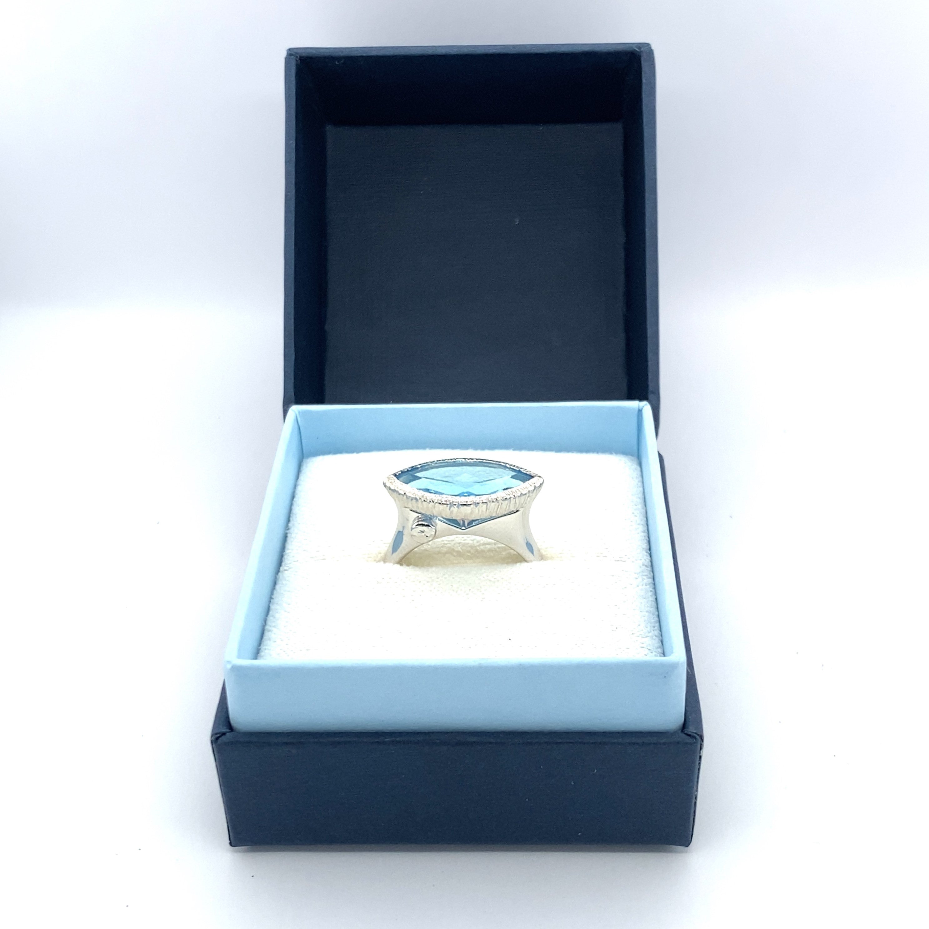 East West Marquise Blue Topaz Ring - White Rhodium