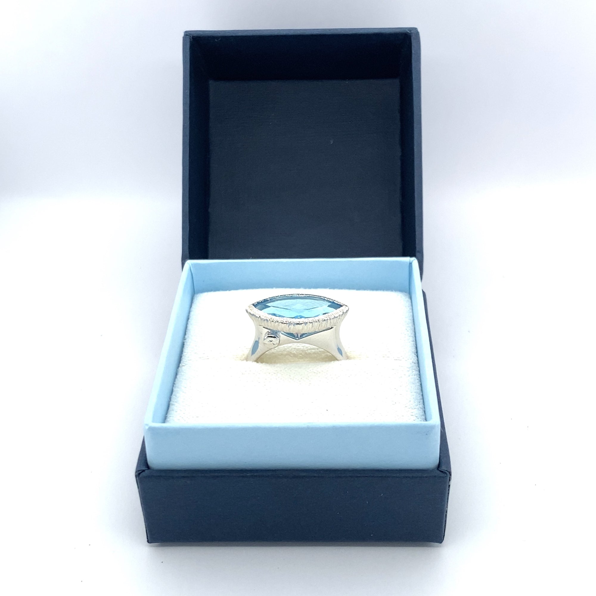East West Marquise Blue Topaz Ring - White Rhodium