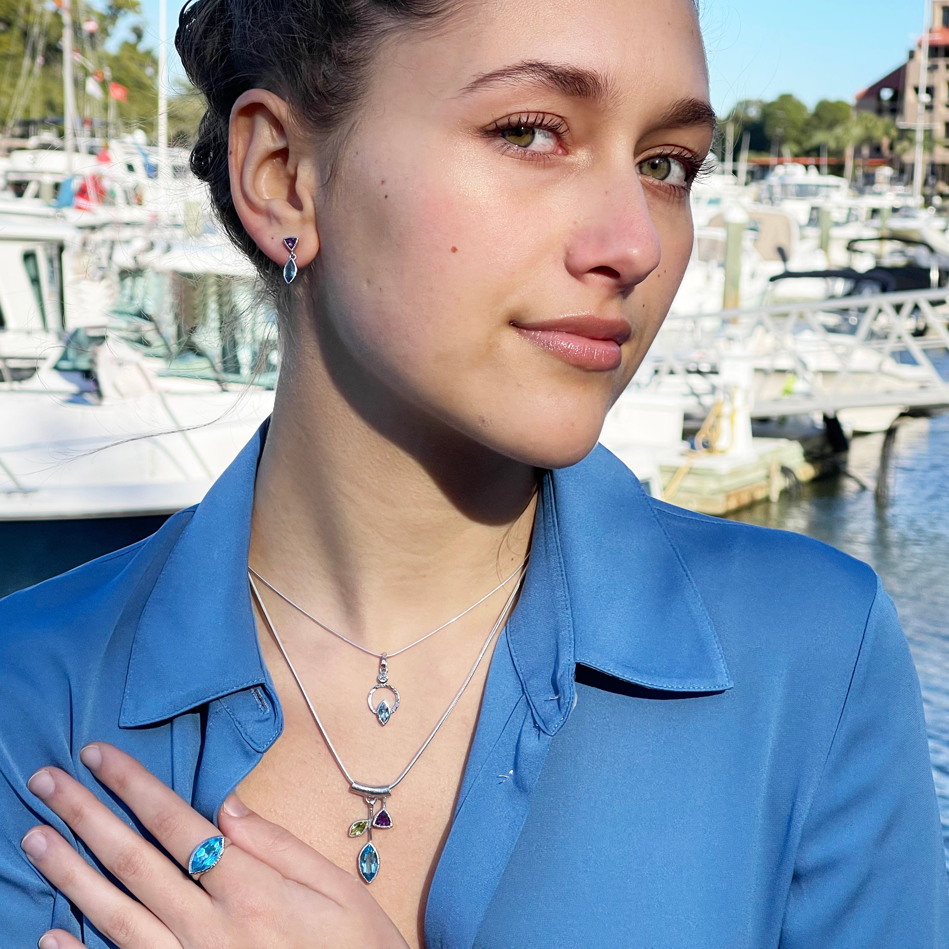 Petal Pendant Blue Topaz Silver White Rhodium Q Evon Fine Jewelry