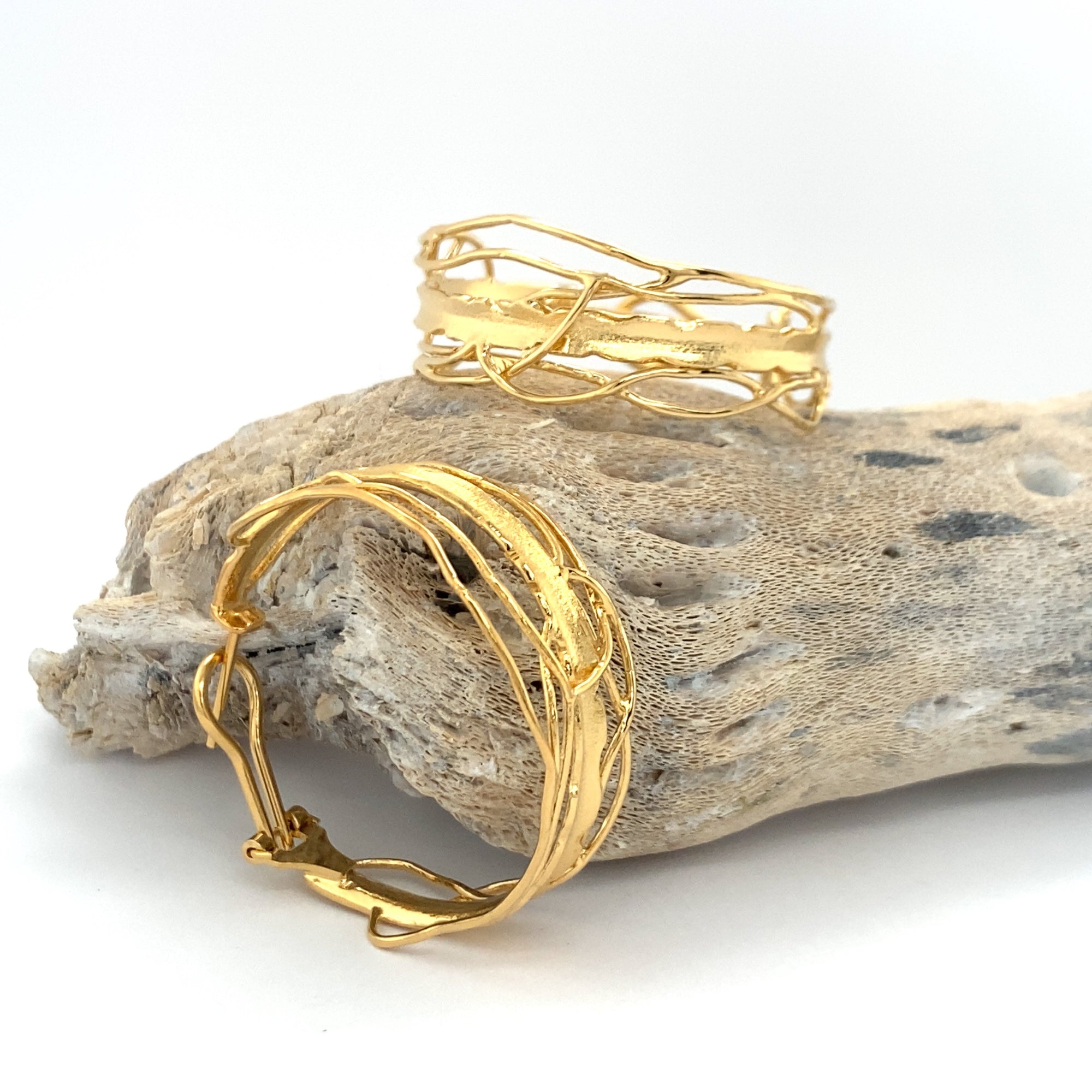 Gold Edge Post Hoops - Large Omega Clip Earrings